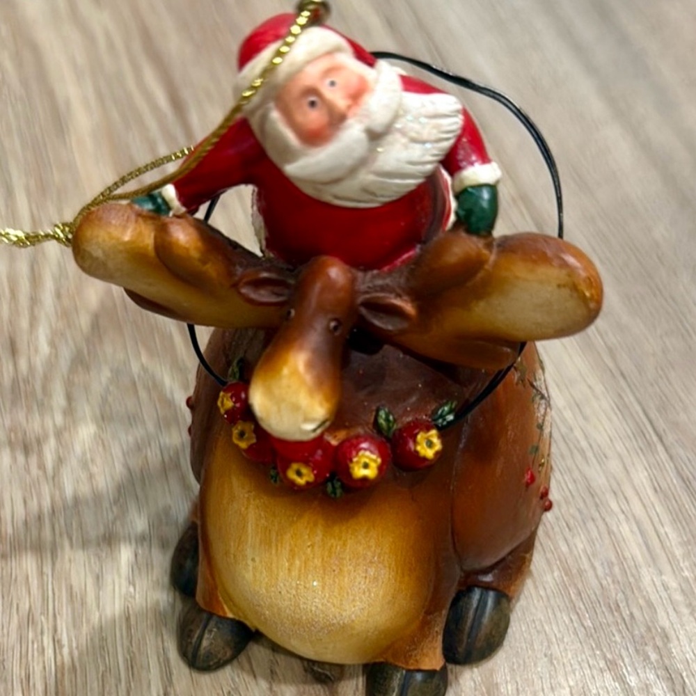 Whimsical Santa on Moose CHRISTMAS TREE Holiday Ornament 4inch LIKE NEW